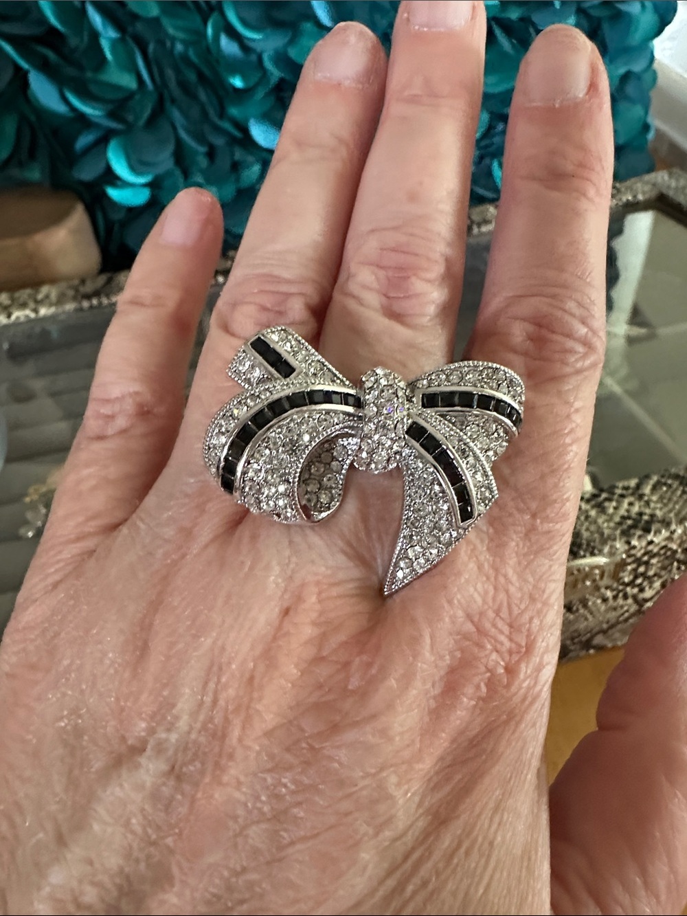 Joan Boyce Silver-Tone Crystal Bow Statement Ring Size 9